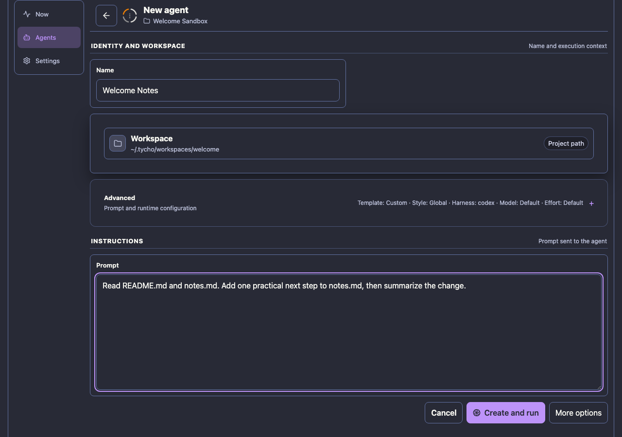 The Tycho Remote UI New agent form for the Welcome Sandbox