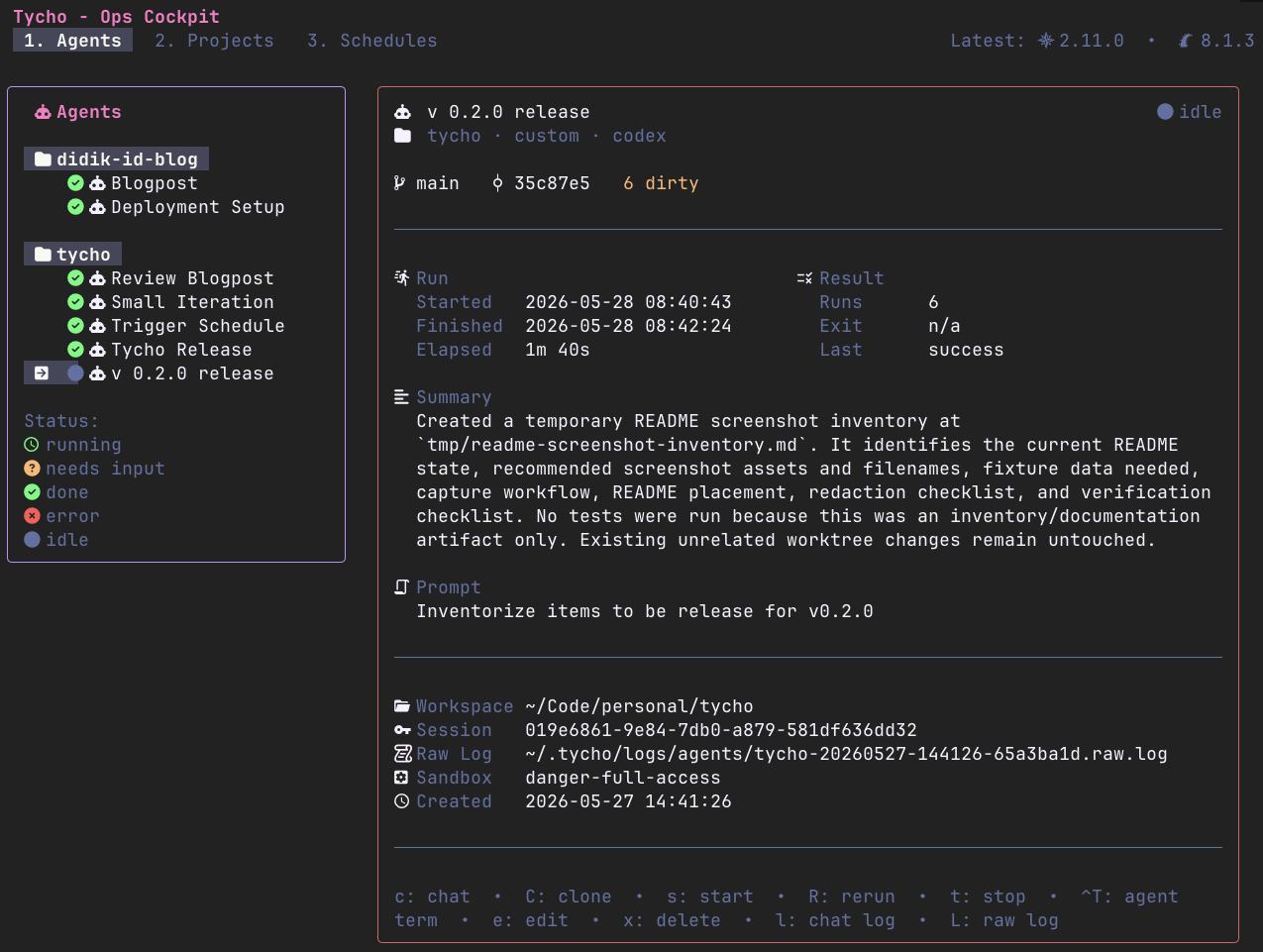 Tycho TUI agents dashboard